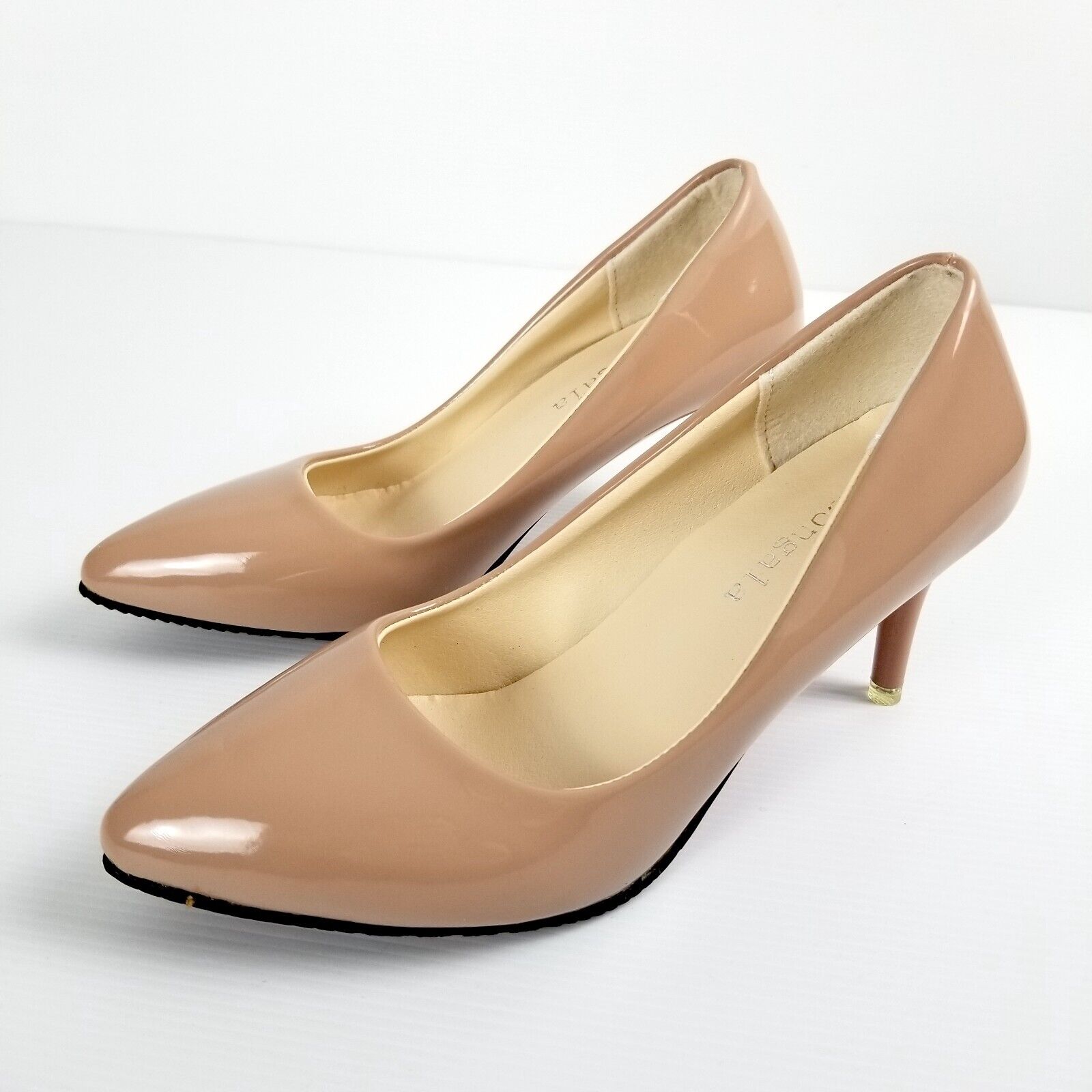 Women's AU 4 34 Beige Nude Patented Leather Pointed Toe Heels Petite Shoes New