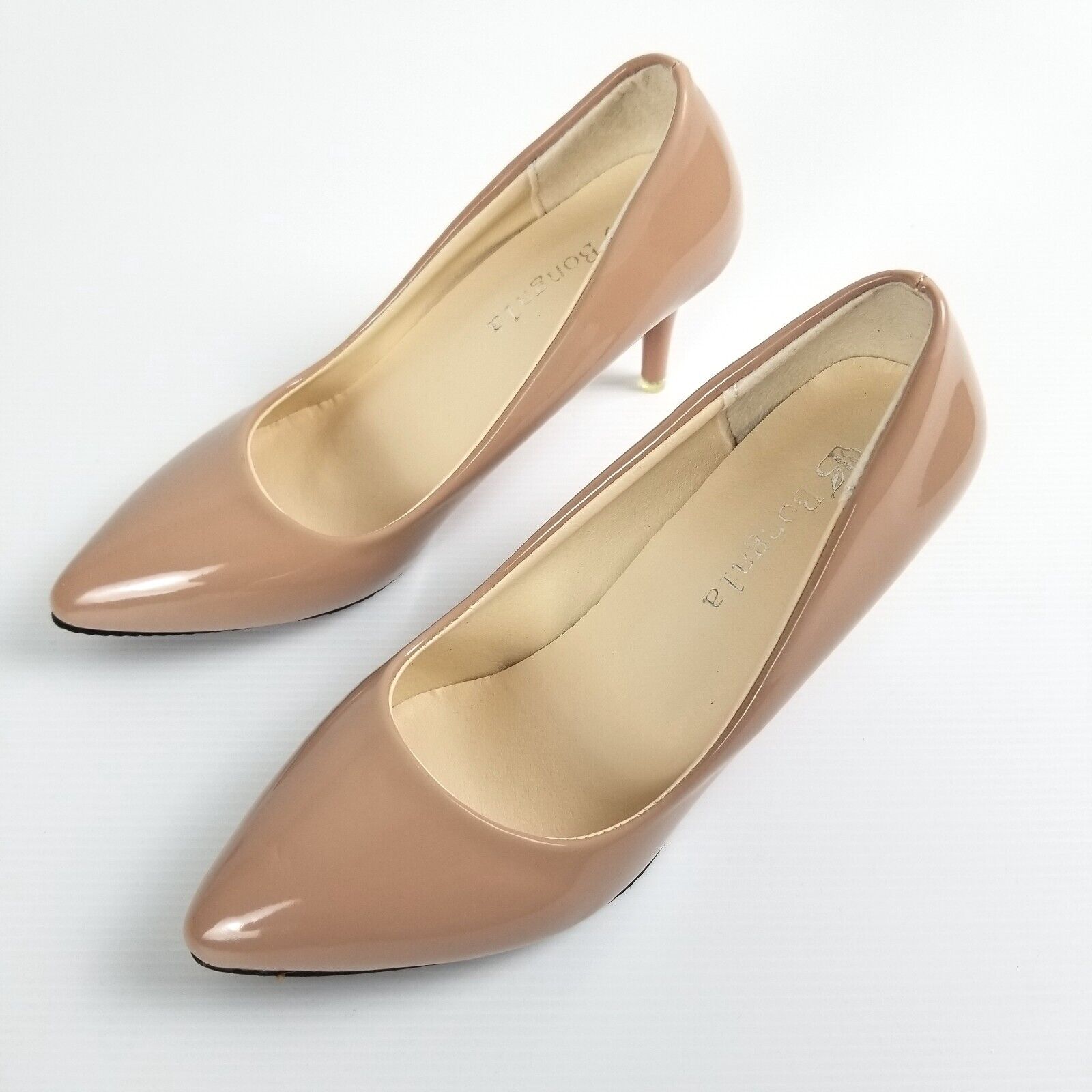 Women's AU 4 34 Beige Nude Patented Leather Pointed Toe Heels Petite Shoes New