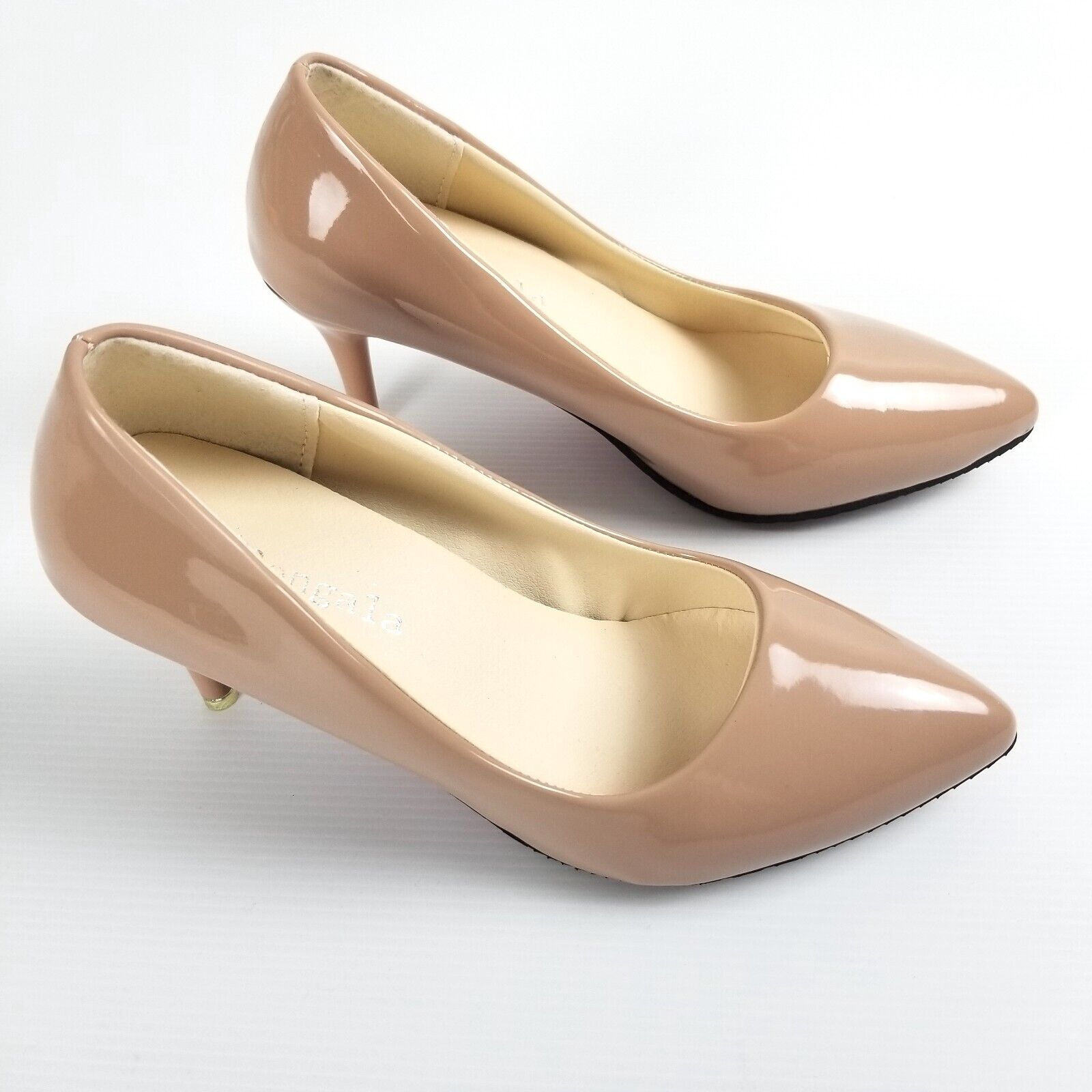 Women's AU 4 34 Beige Nude Patented Leather Pointed Toe Heels Petite Shoes New