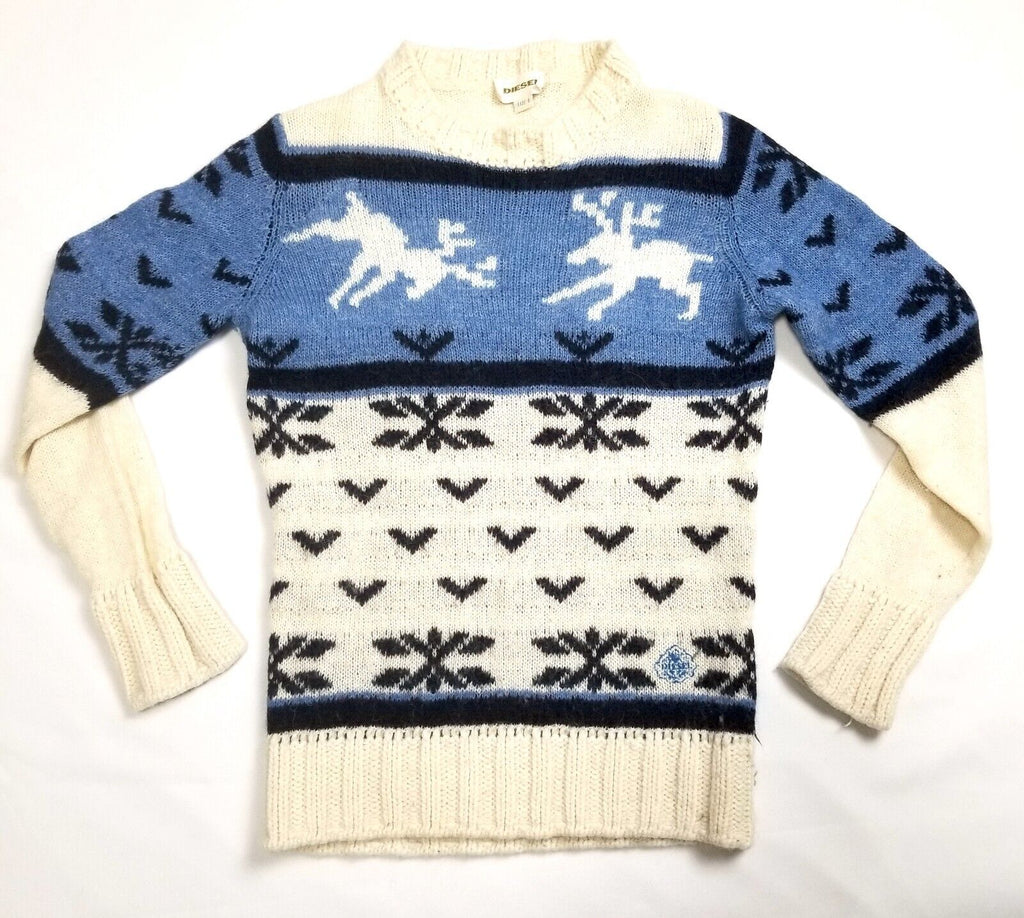Diesel Knitwear Women's S Alpaca Wool Jumper Christmas Xmas White Blue Sweater