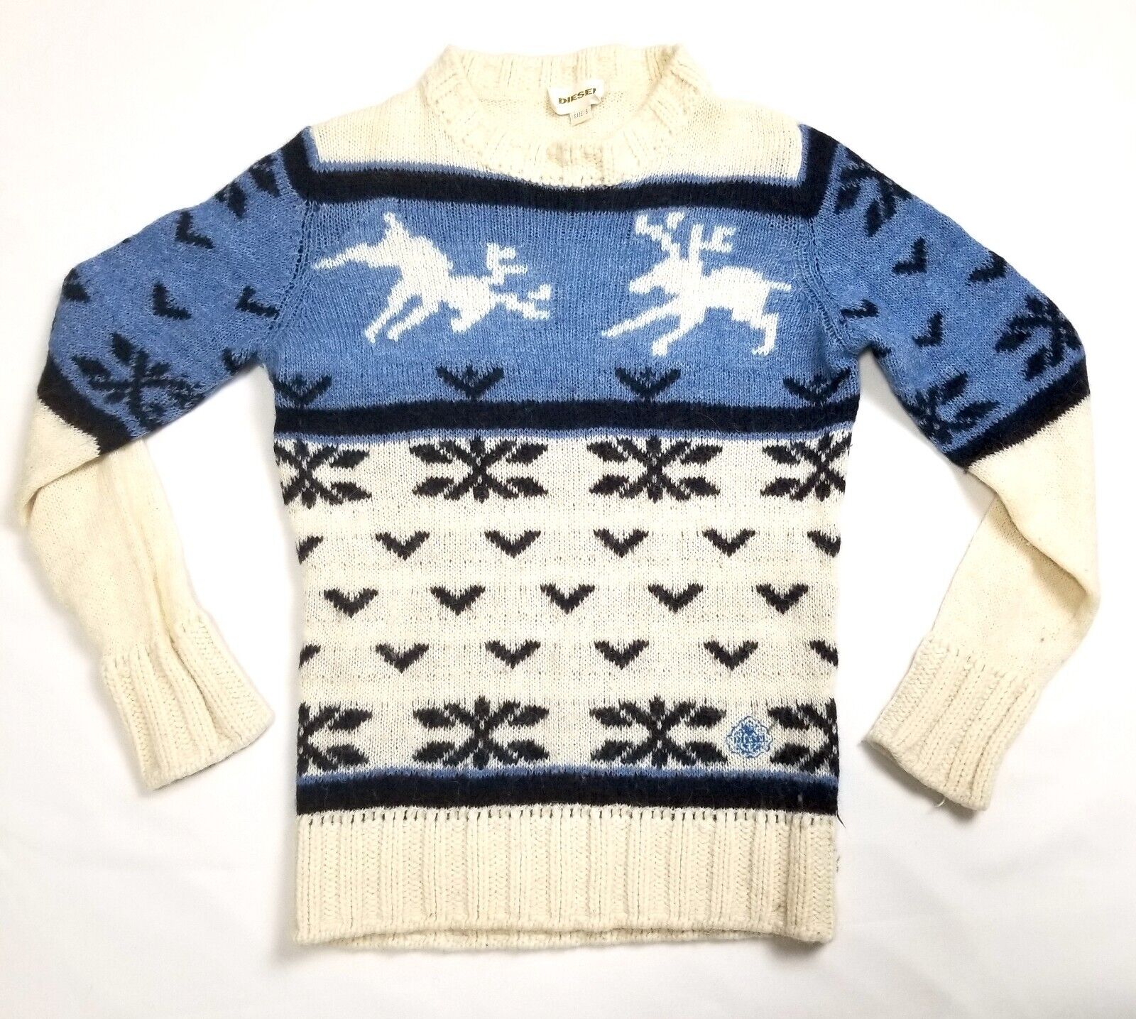 Diesel Knitwear Women's S Alpaca Wool Jumper Christmas Xmas White Blue Sweater