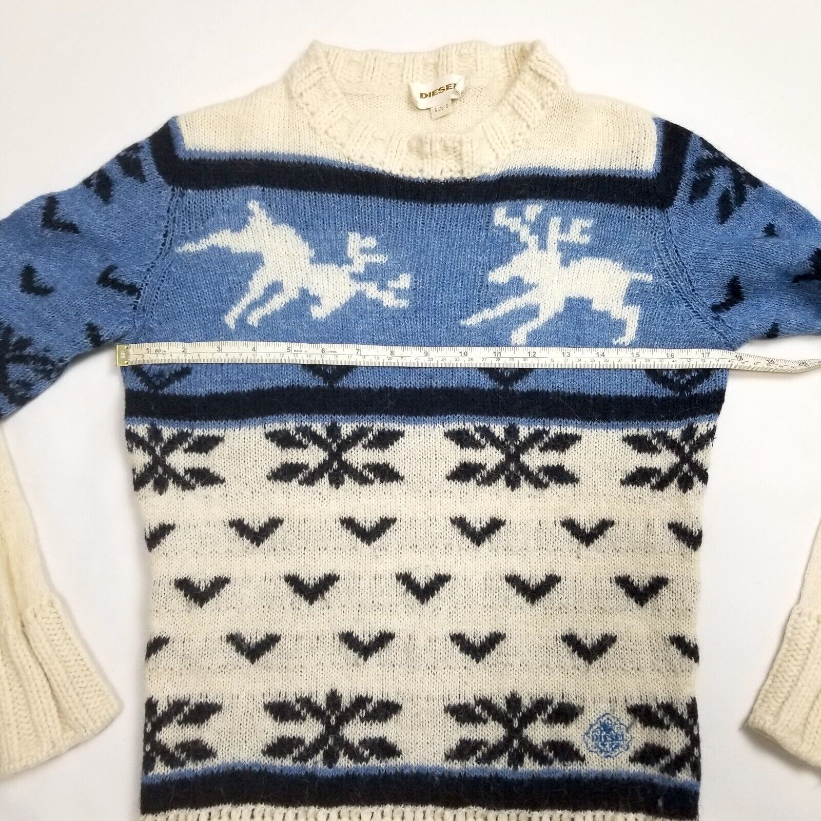 Diesel Knitwear Women's S Alpaca Wool Jumper Christmas Xmas White Blue Sweater