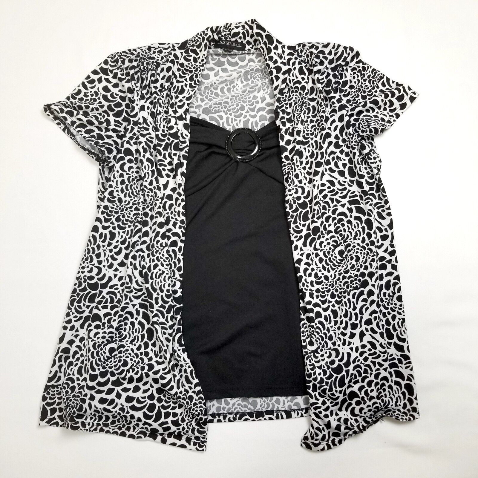 Notations Women's Small 2pc Cardi Short Sleeve Top Black White Non-Iron Workwear
