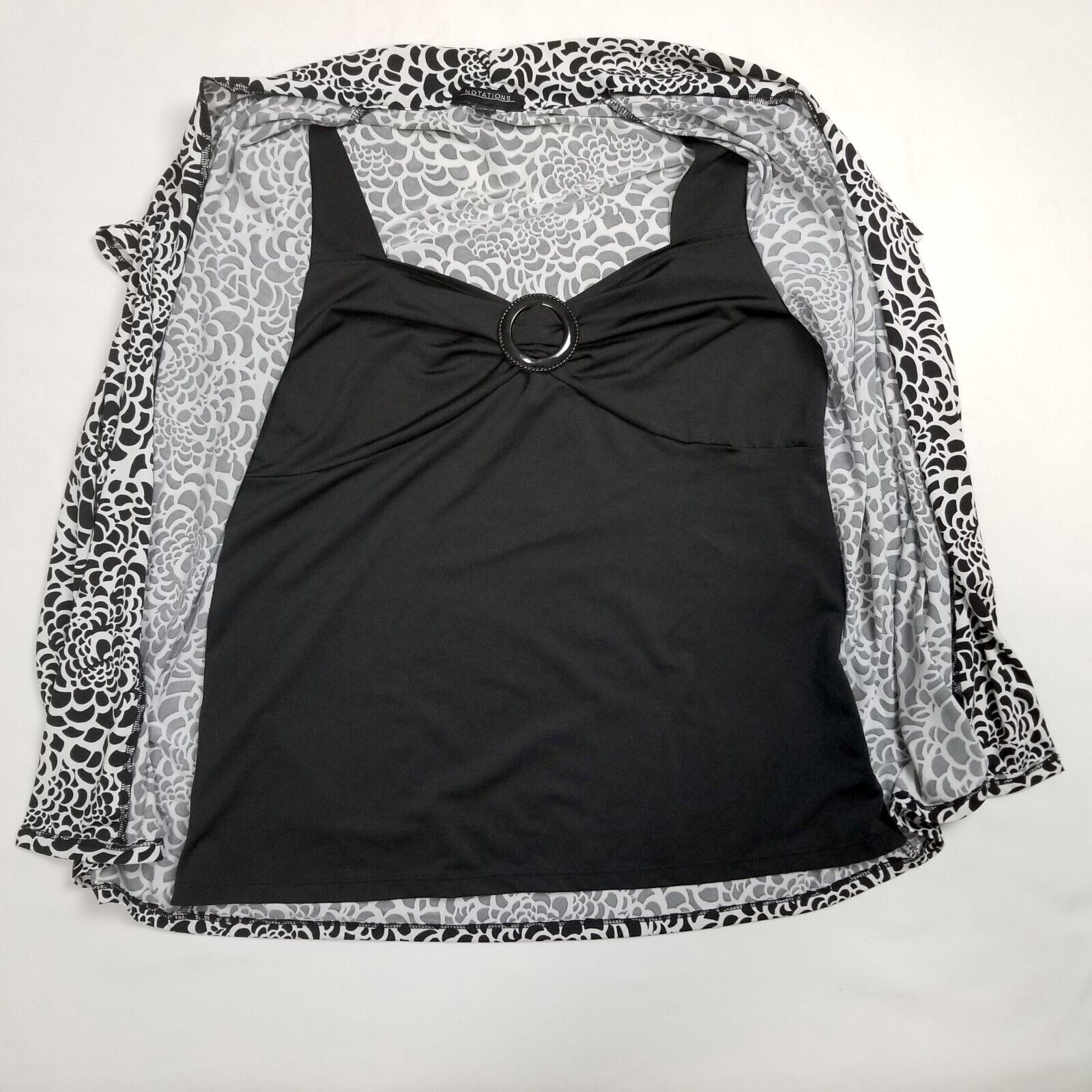 Notations Women's Small 2pc Cardi Short Sleeve Top Black White Non-Iron Workwear