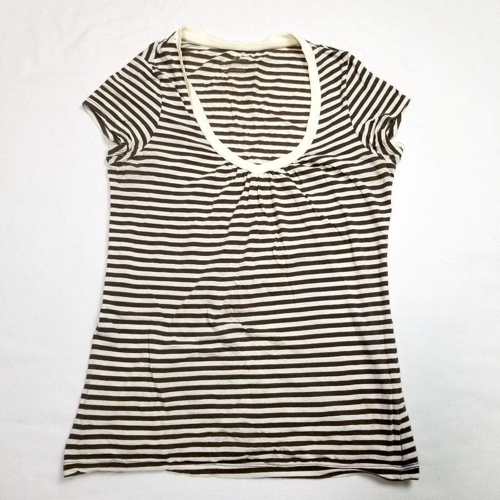 Banana Republic Women's Medium Short Sleeve Top Brown White Striped Casual Shirt