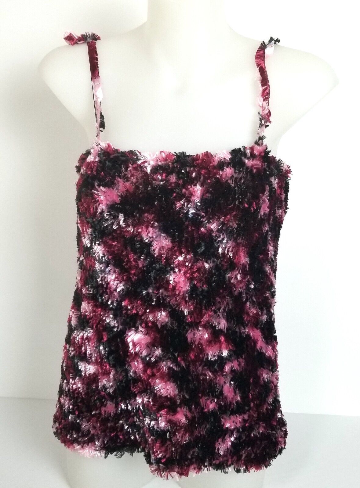 Handmade Women's XS-S Black Pink White Textured Faux Fur Blouse Singlet Top
