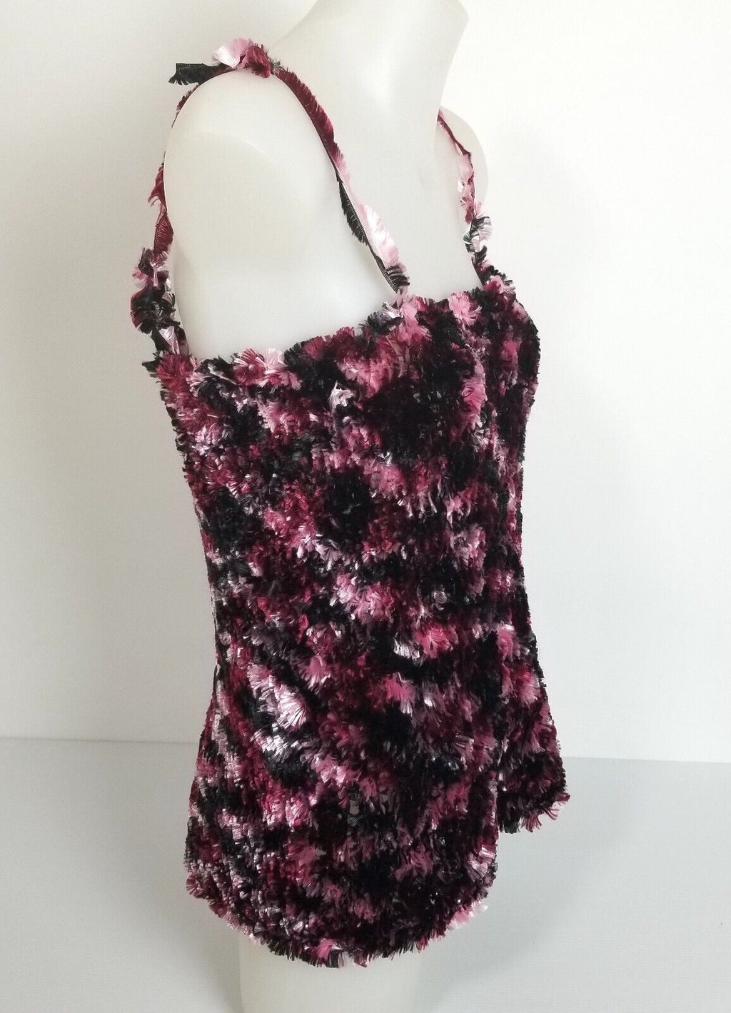 Handmade Women's XS-S Black Pink White Textured Faux Fur Blouse Singlet Top