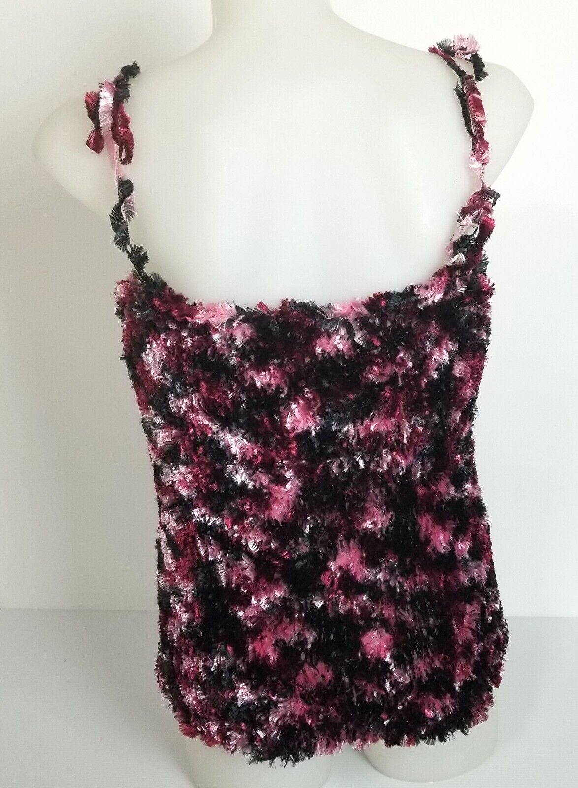 Handmade Women's XS-S Black Pink White Textured Faux Fur Blouse Singlet Top