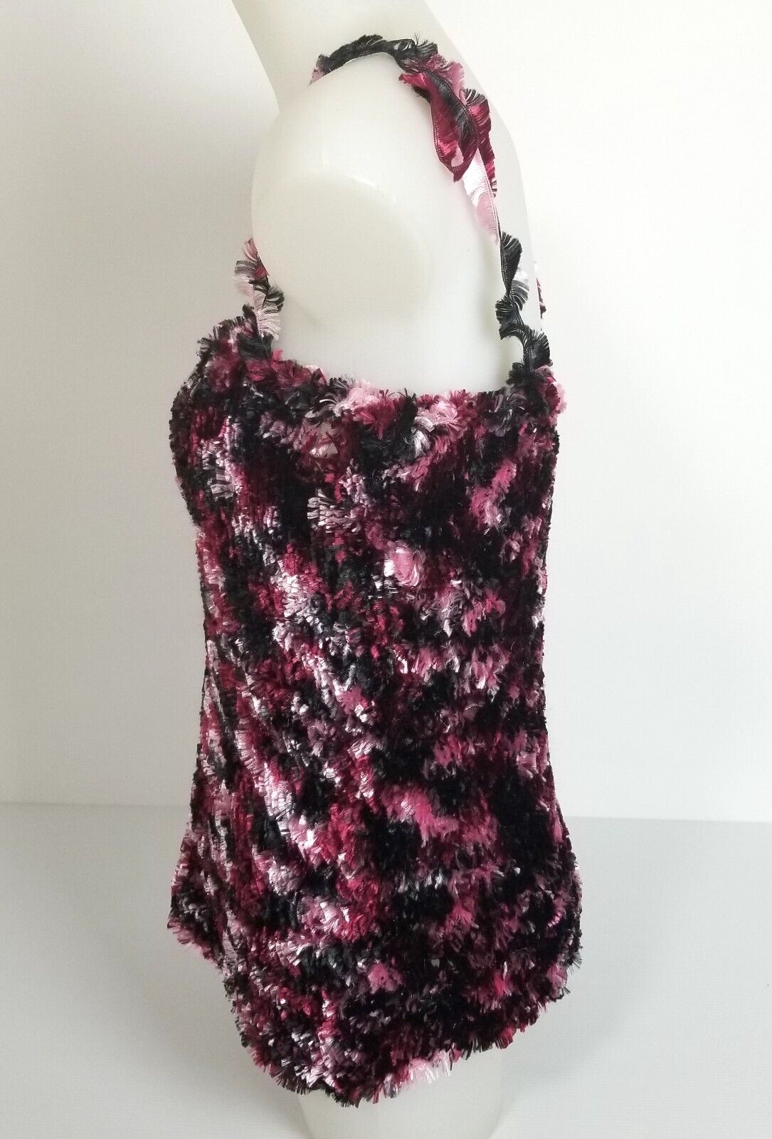 Handmade Women's XS-S Black Pink White Textured Faux Fur Blouse Singlet Top