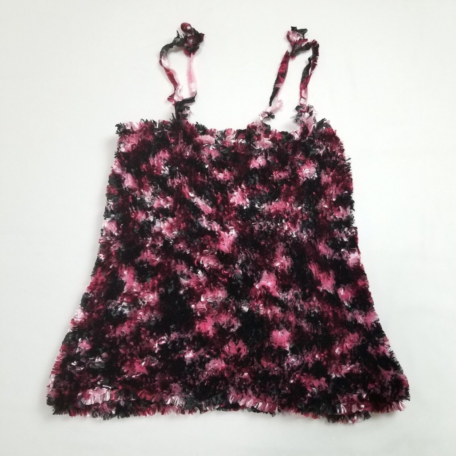Handmade Women's XS-S Black Pink White Textured Faux Fur Blouse Singlet Top