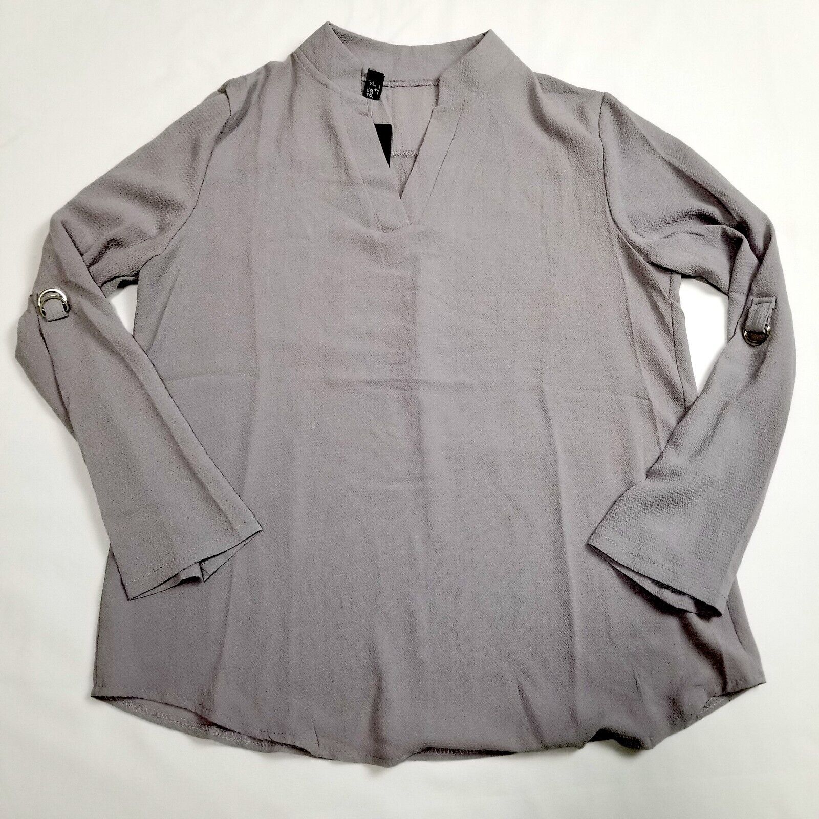 Women's L/XL Grey Loose Relaxed Fit Blouse V-Neck Adjustable Sleeves New NWT