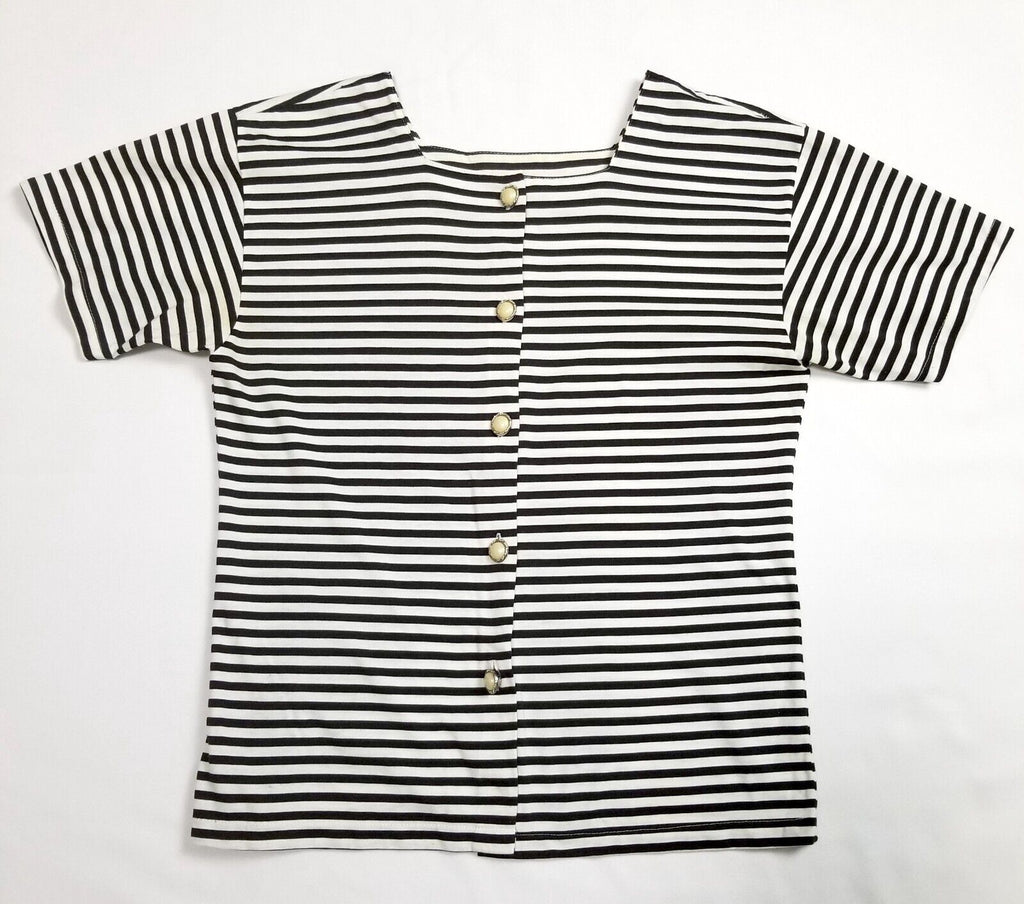 Vintage 80s 90s Women's L Black White Striped Blouse Top Shirt Pearl-Like Button