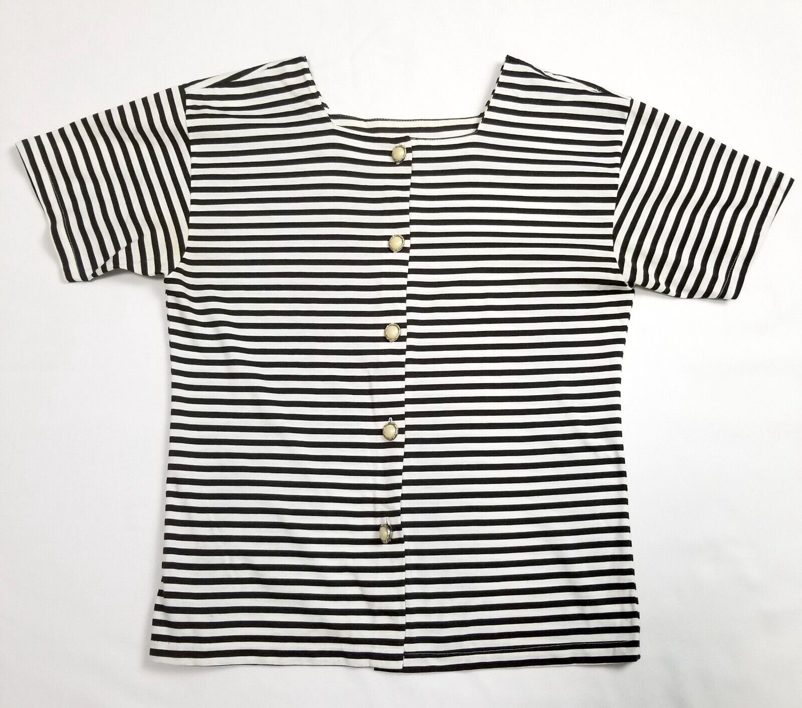 Vintage 80s 90s Women's L Black White Striped Blouse Top Shirt Pearl-Like Button