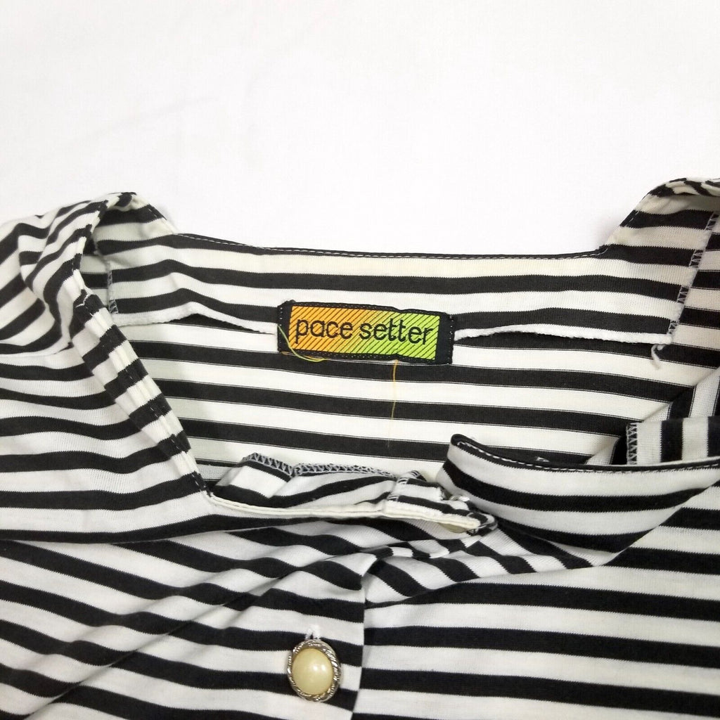 Vintage 80s 90s Women's L Black White Striped Blouse Top Shirt Pearl-Like Button