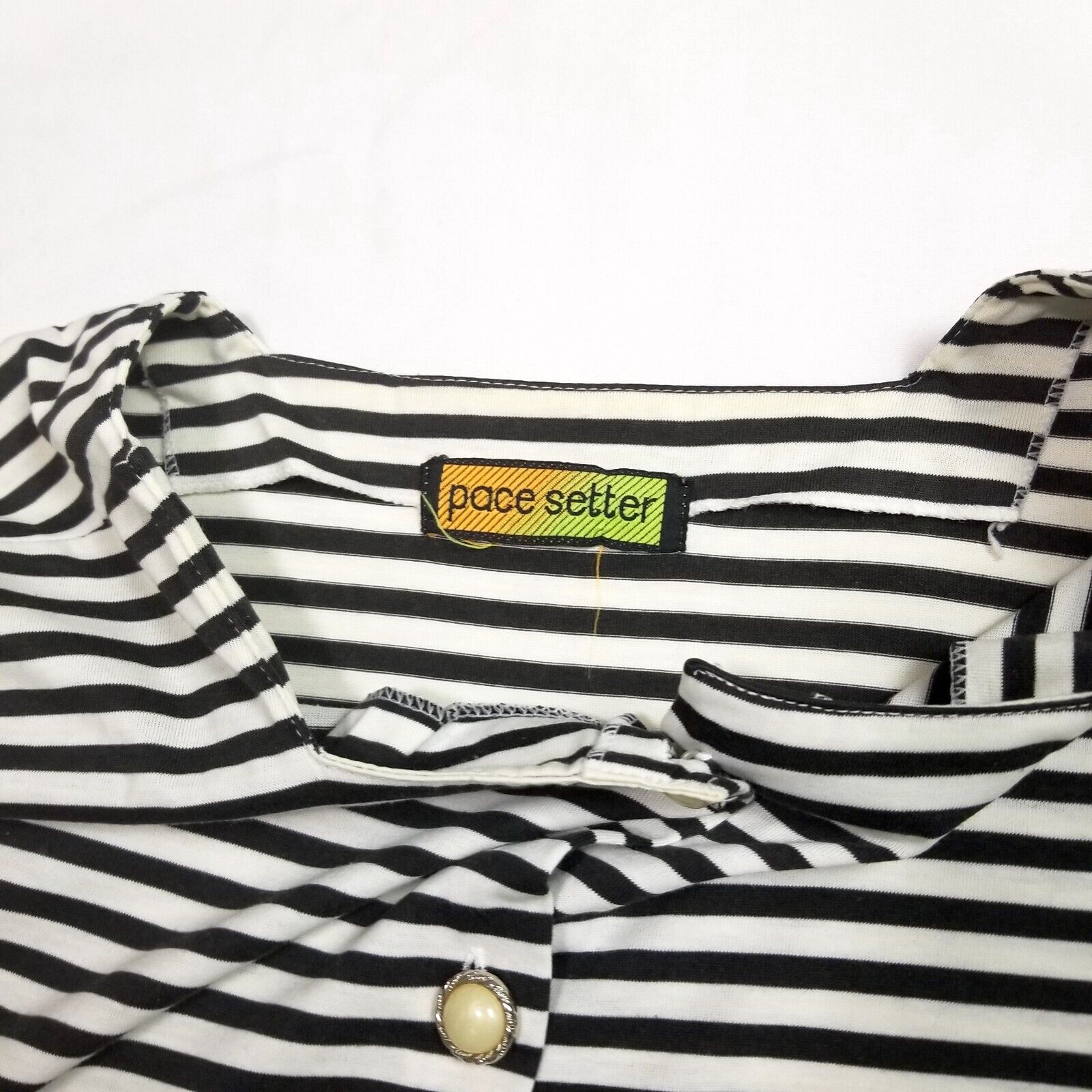 Vintage 80s 90s Women's L Black White Striped Blouse Top Shirt Pearl-Like Button