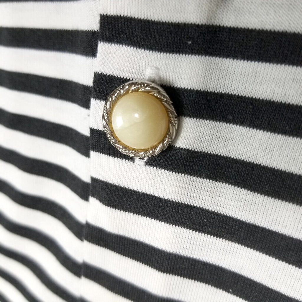 Vintage 80s 90s Women's L Black White Striped Blouse Top Shirt Pearl-Like Button