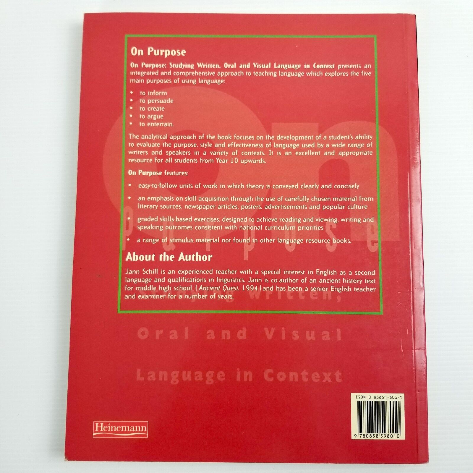 On Purpose: Studying Written Oral and Visual Language in Context PB 1996 1st Ed