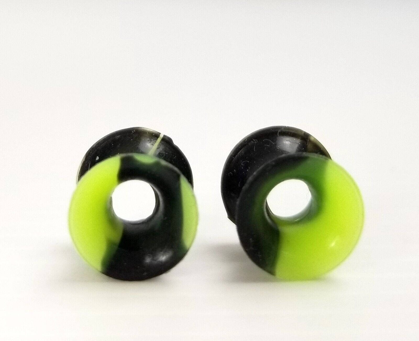 Black/Fluoro Green Marble 6mm Ear Gauges Silicone Flesh Tunnels Flexible Tie Dye