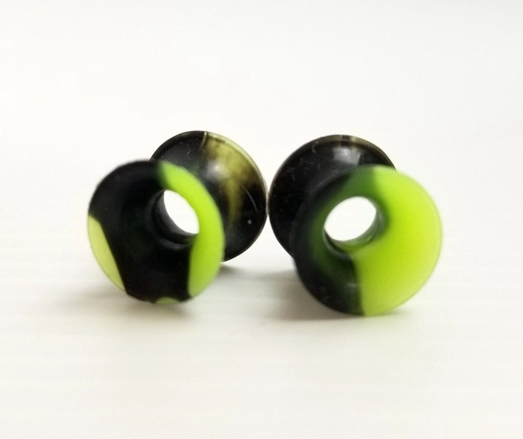 Black/Fluoro Green Marble 6mm Ear Gauges Silicone Flesh Tunnels Flexible Tie Dye