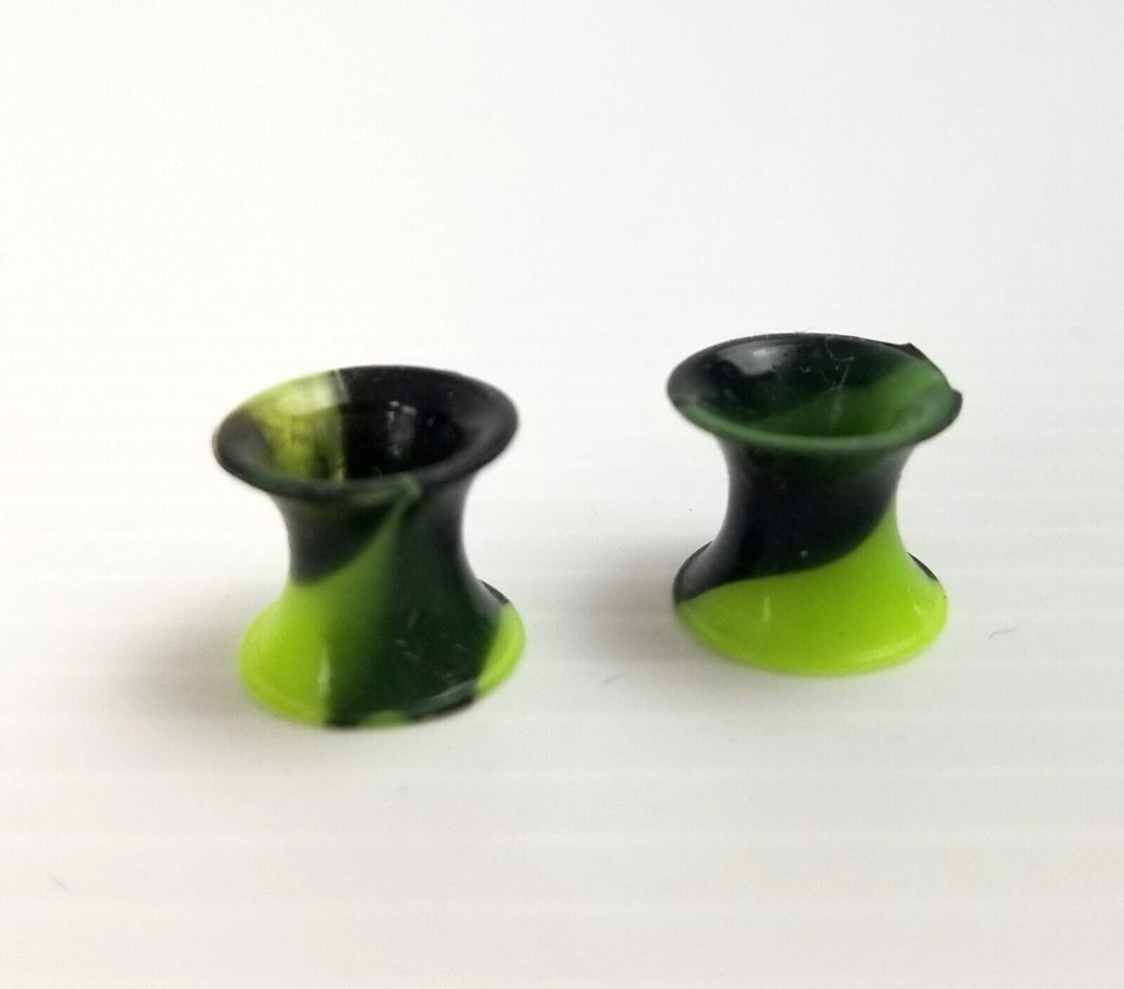 Black/Fluoro Green Marble 6mm Ear Gauges Silicone Flesh Tunnels Flexible Tie Dye