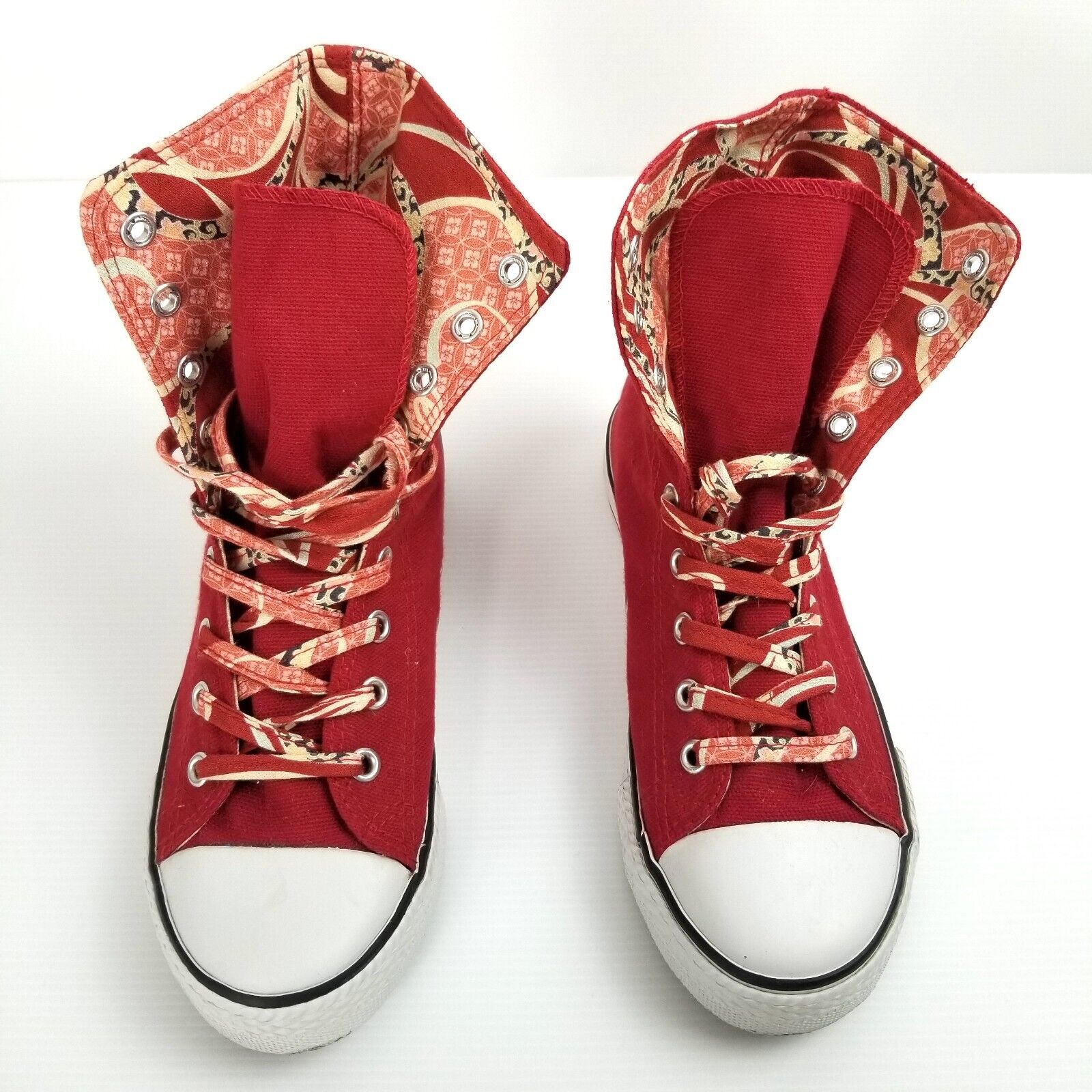 Women's EU 35 Corazon Red High-Top Canvas Sneakers, Fun Floral Pattern Lining