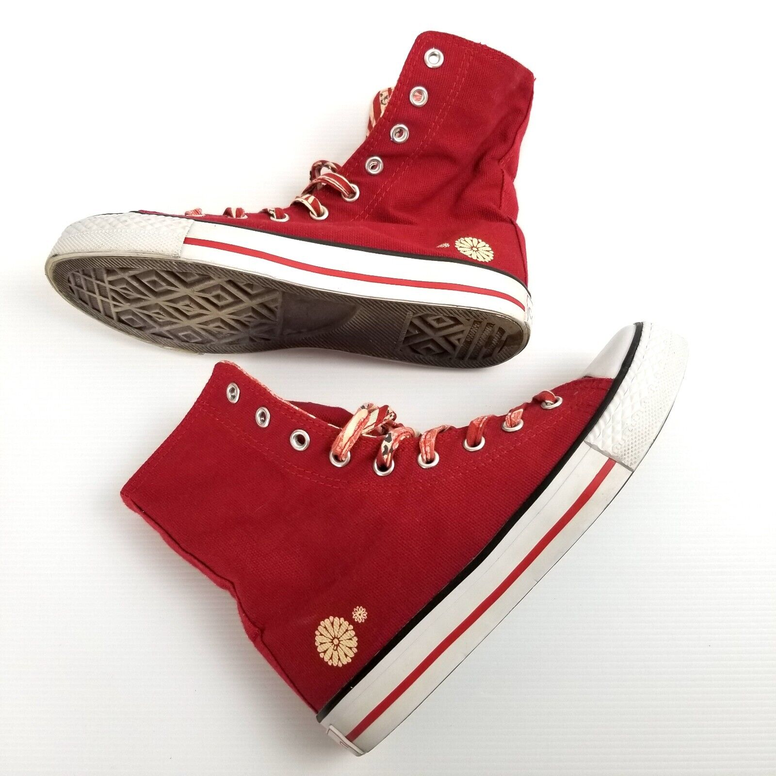 Women's EU 35 Corazon Red High-Top Canvas Sneakers, Fun Floral Pattern Lining
