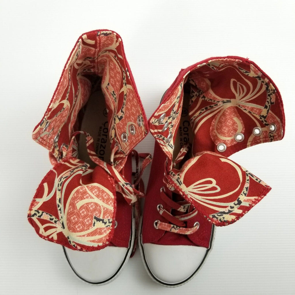 Women's EU 35 Corazon Red High-Top Canvas Sneakers, Fun Floral Pattern Lining