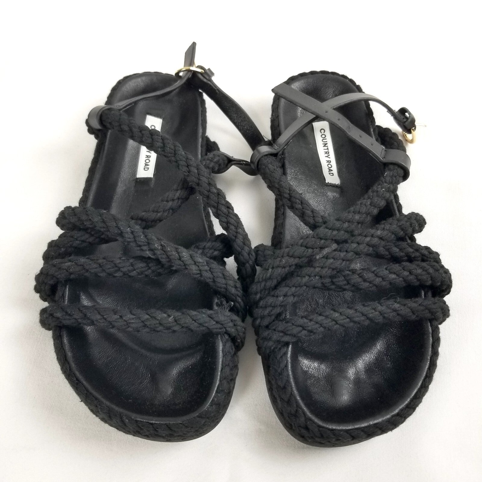 Country Road Rory Sandals 35 Women's Sz 5 Black Cotton Rope Slip-On Casual Shoes