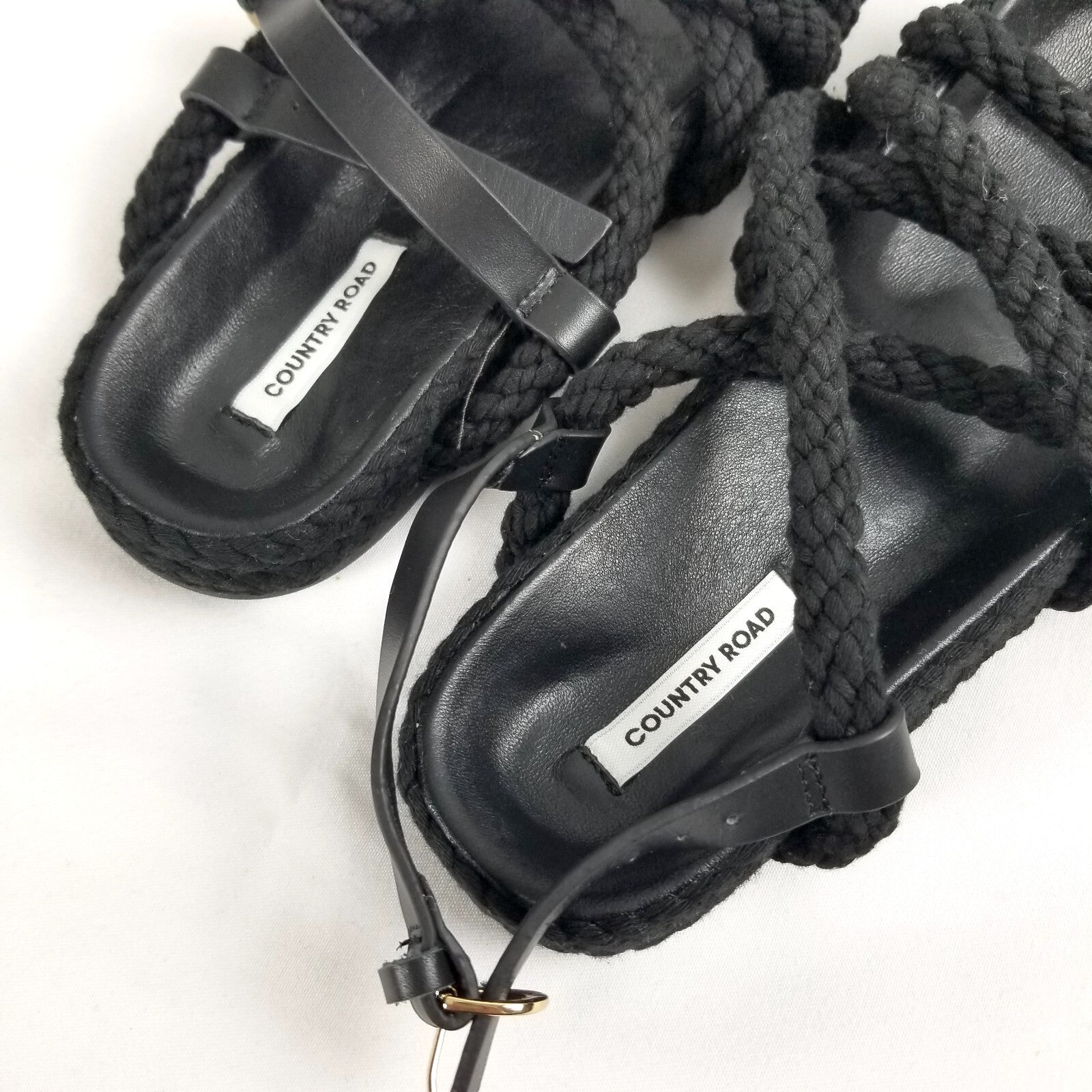 Country Road Rory Sandals 35 Women's Sz 5 Black Cotton Rope Slip-On Casual Shoes