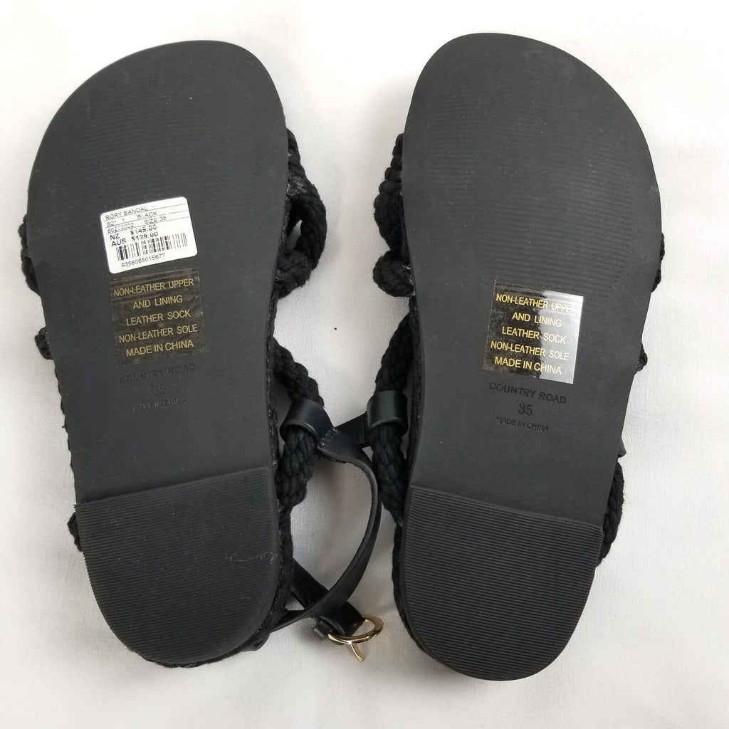 Country Road Rory Sandals 35 Women's Sz 5 Black Cotton Rope Slip-On Casual Shoes