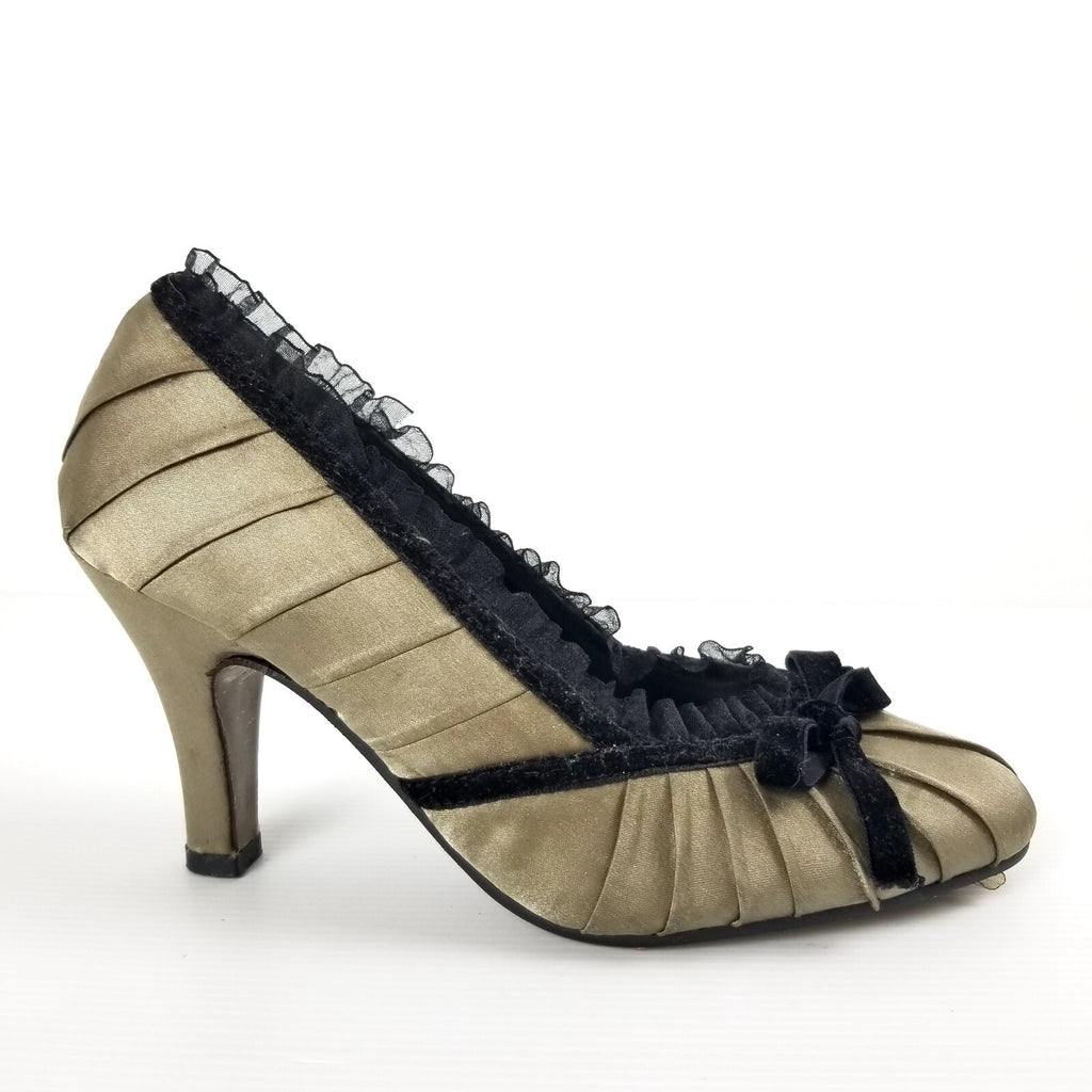 Vintage Beauty By Liza Women's 34 EU Gold Satin Lace Velvet Bow Heels Shoes VTG