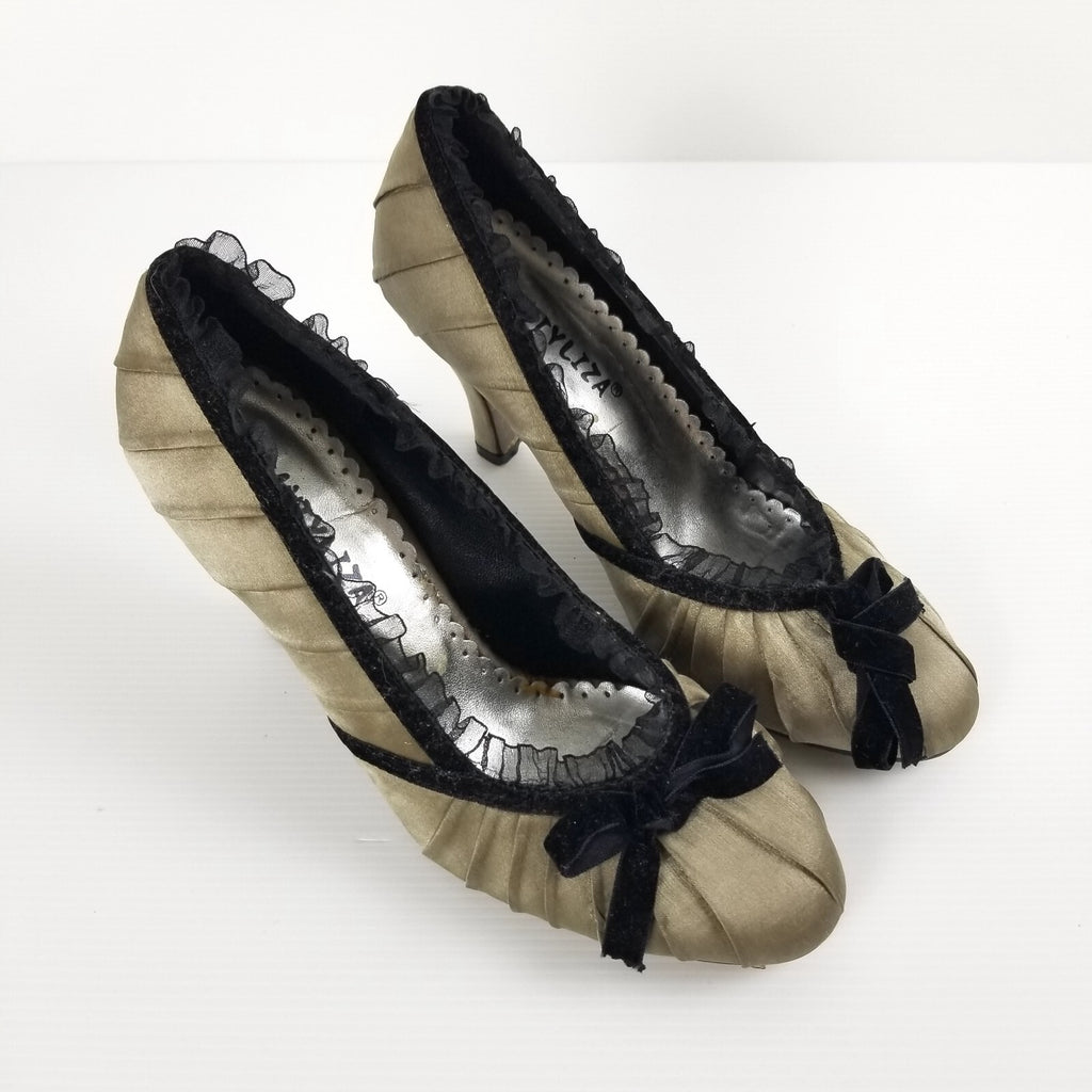 Vintage Beauty By Liza Women's 34 EU Gold Satin Lace Velvet Bow Heels Shoes VTG