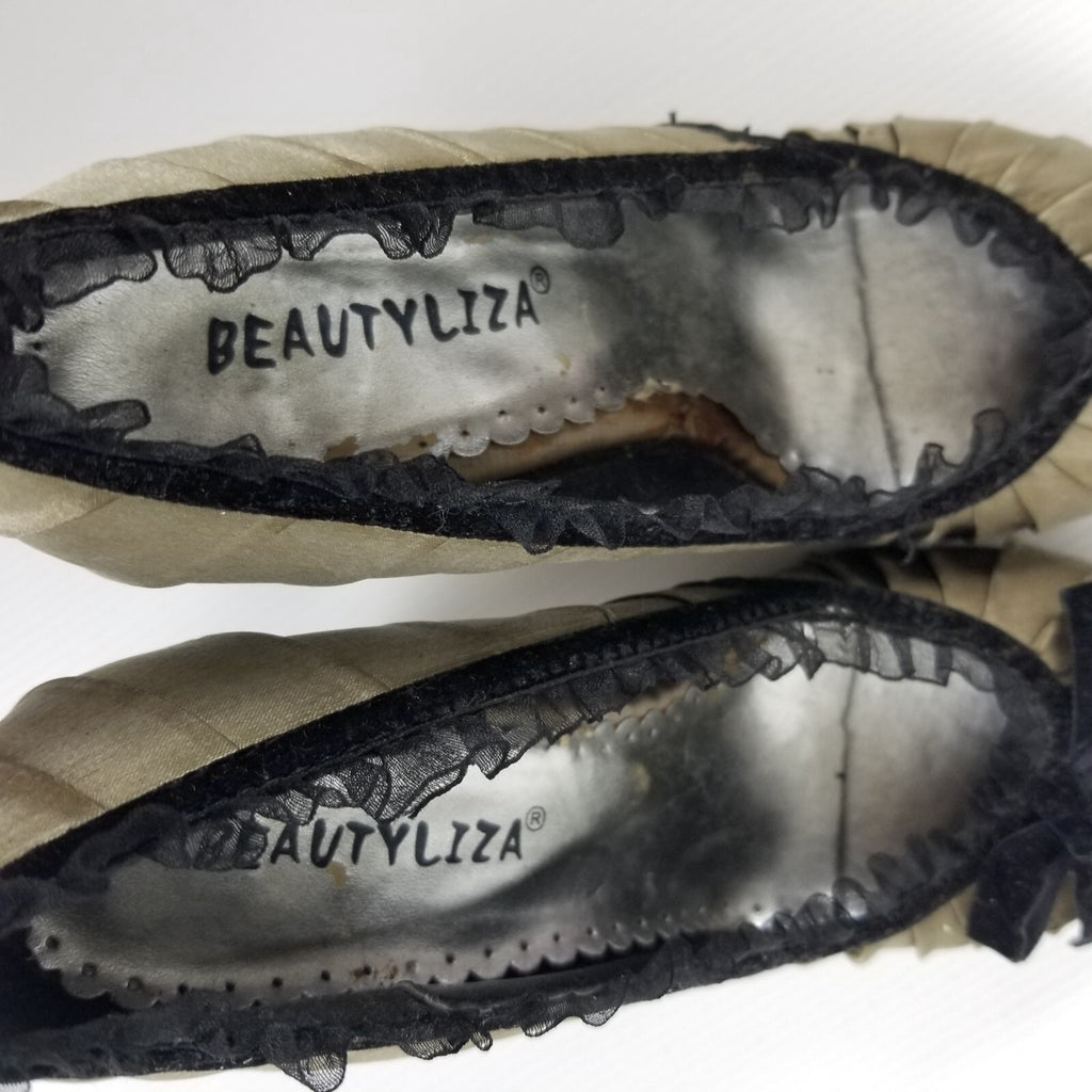 Vintage Beauty By Liza Women's 34 EU Gold Satin Lace Velvet Bow Heels Shoes VTG