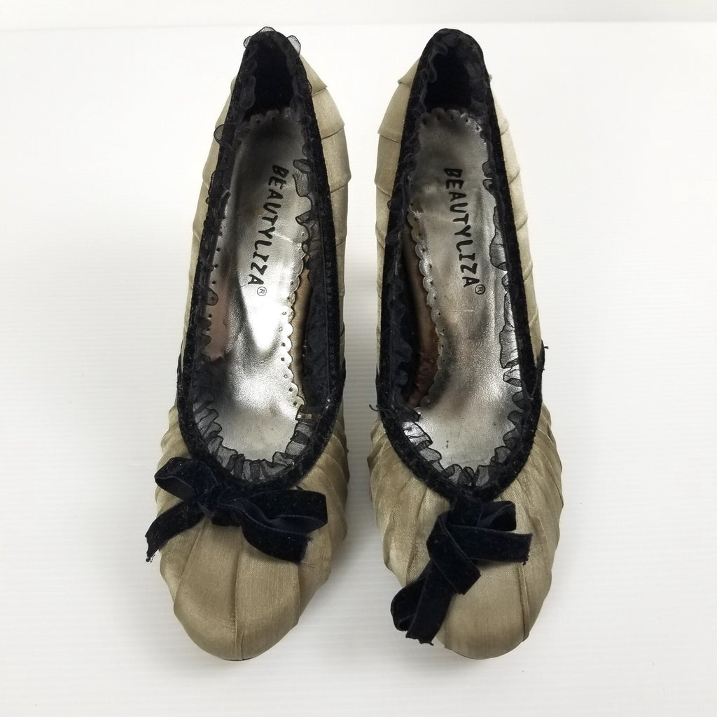 Vintage Beauty By Liza Women's 34 EU Gold Satin Lace Velvet Bow Heels Shoes VTG