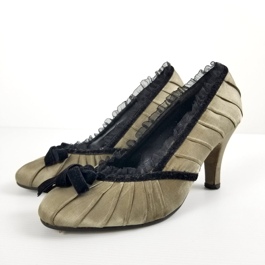 Vintage Beauty By Liza Women's 34 EU Gold Satin Lace Velvet Bow Heels Shoes VTG