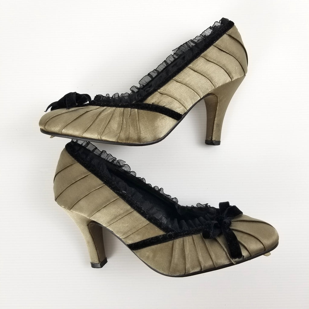 Vintage Beauty By Liza Women's 34 EU Gold Satin Lace Velvet Bow Heels Shoes VTG