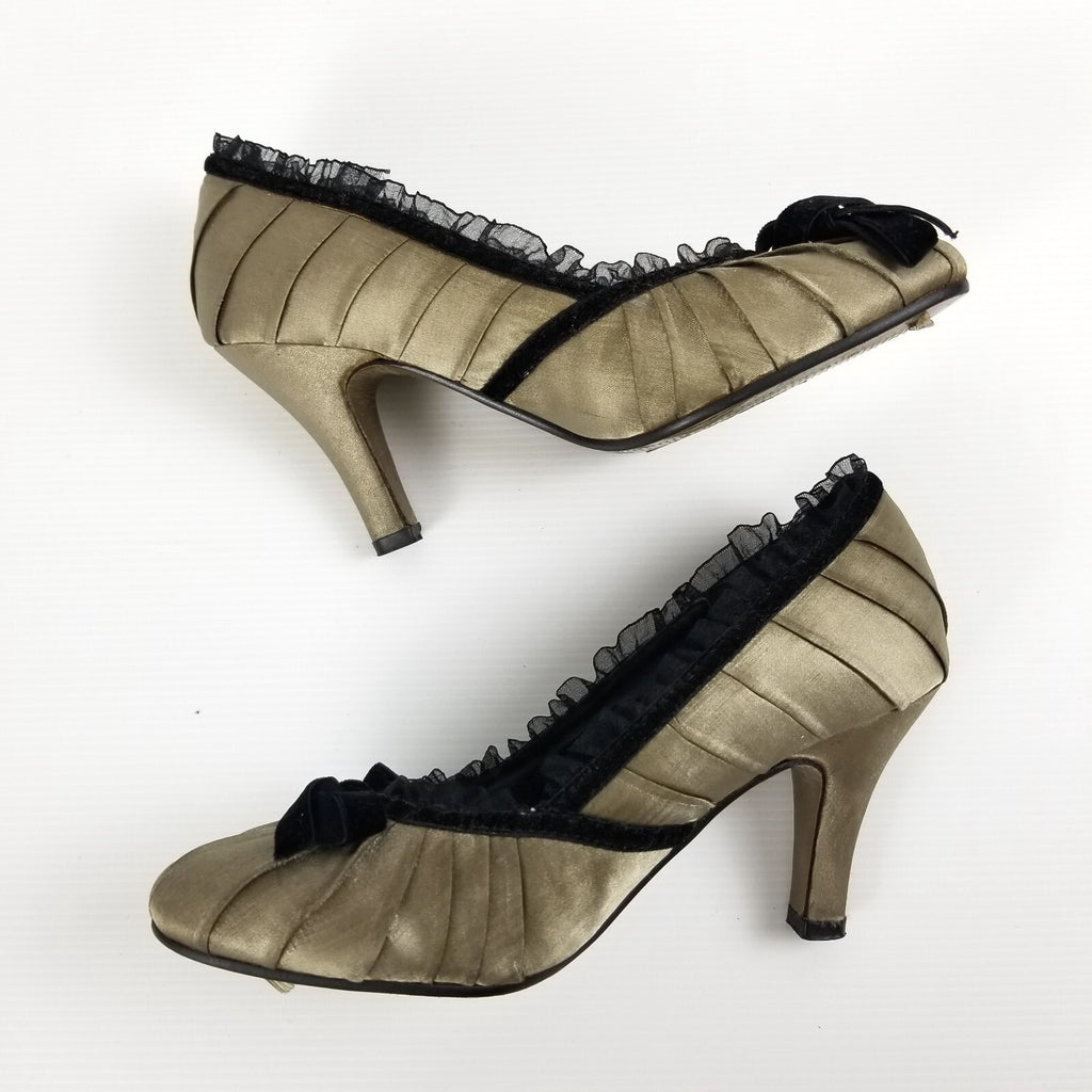 Vintage Beauty By Liza Women's 34 EU Gold Satin Lace Velvet Bow Heels Shoes VTG