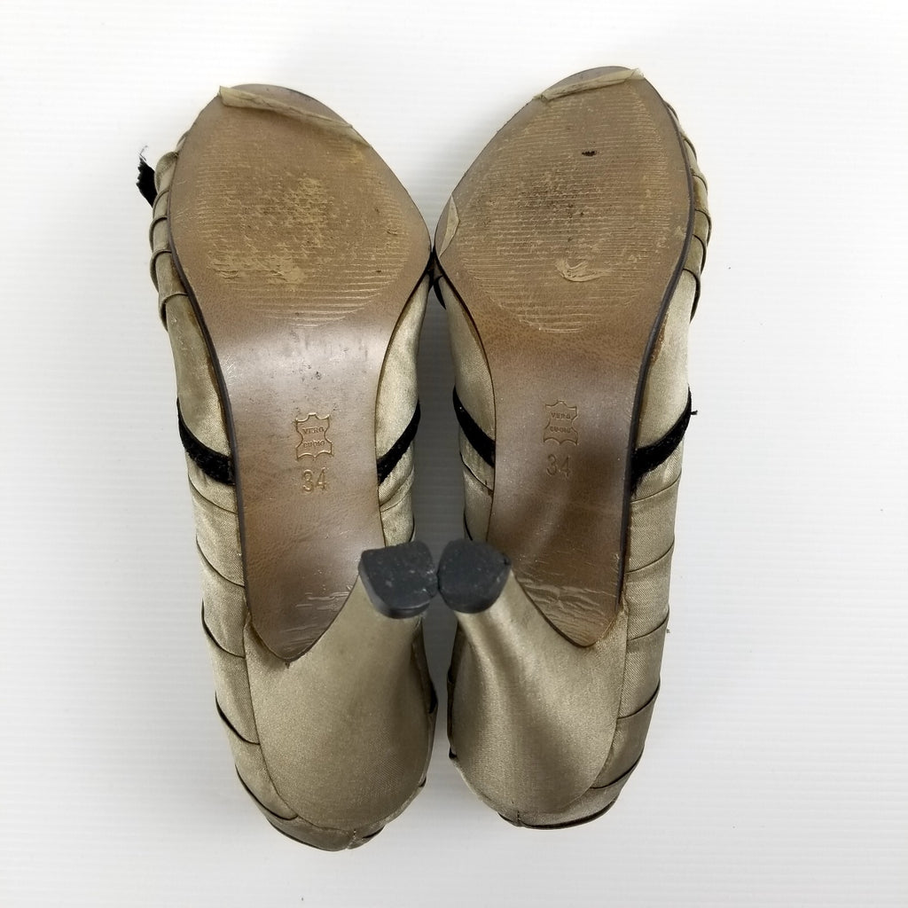 Vintage Beauty By Liza Women's 34 EU Gold Satin Lace Velvet Bow Heels Shoes VTG