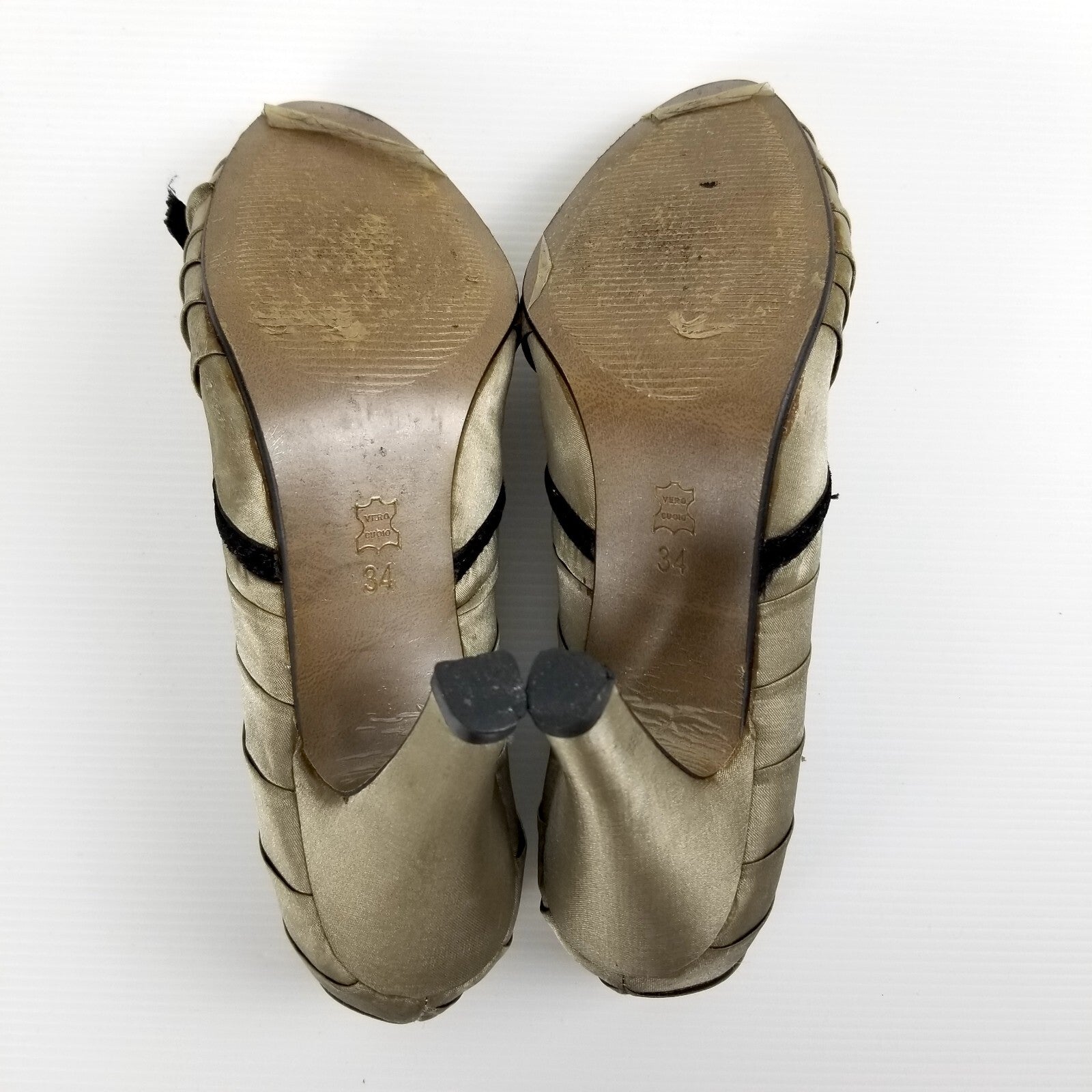 Vintage Beauty By Liza Women's 34 EU Gold Satin Lace Velvet Bow Heels Shoes VTG