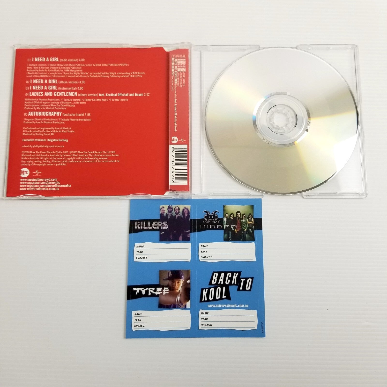 Tyree I Need A Girl Australian CD Single (2006) Aussie Hip Hop Bonus Stickers