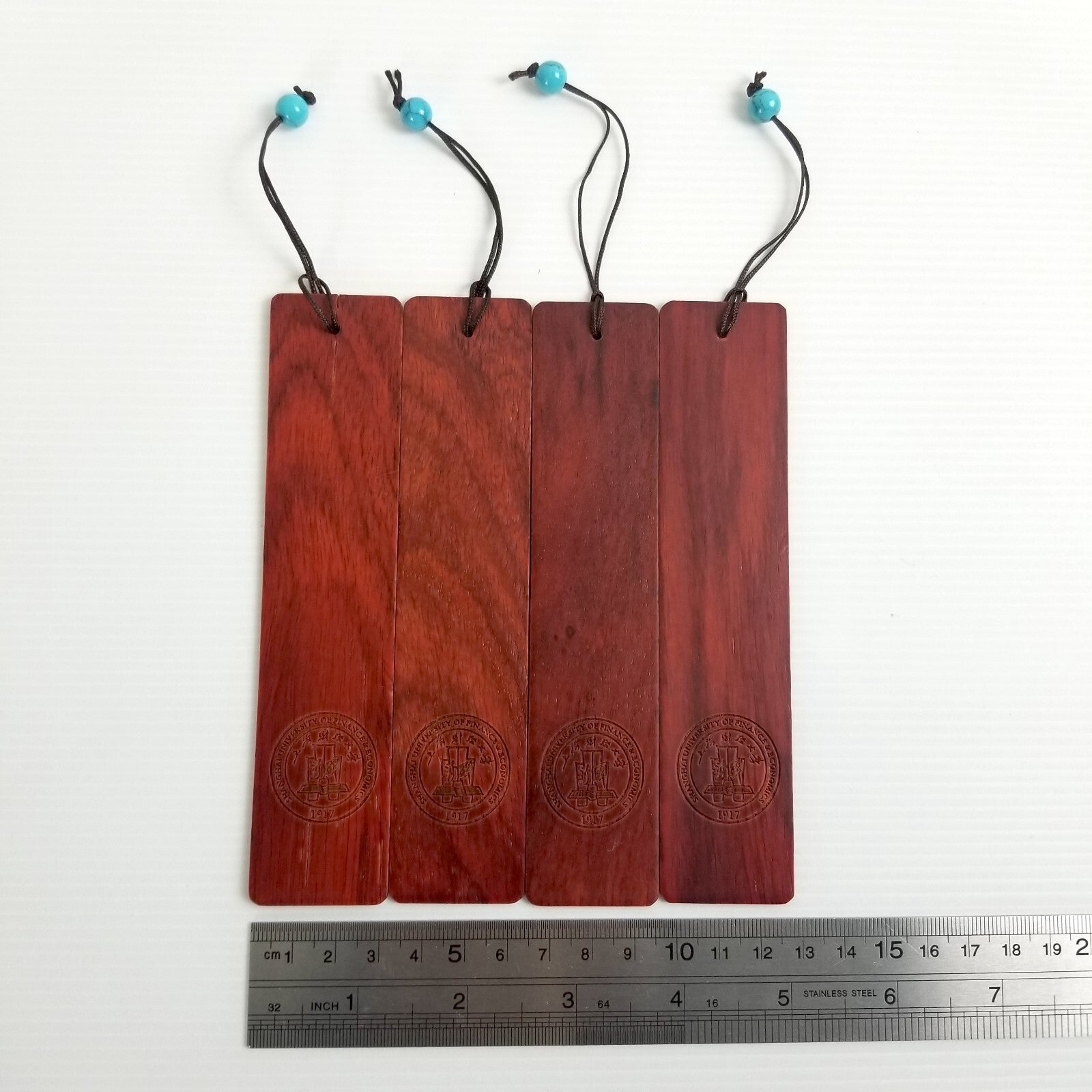 Rare Set of 4 Shanghai University of Finance & Economics Wooden Bookmarks Carved