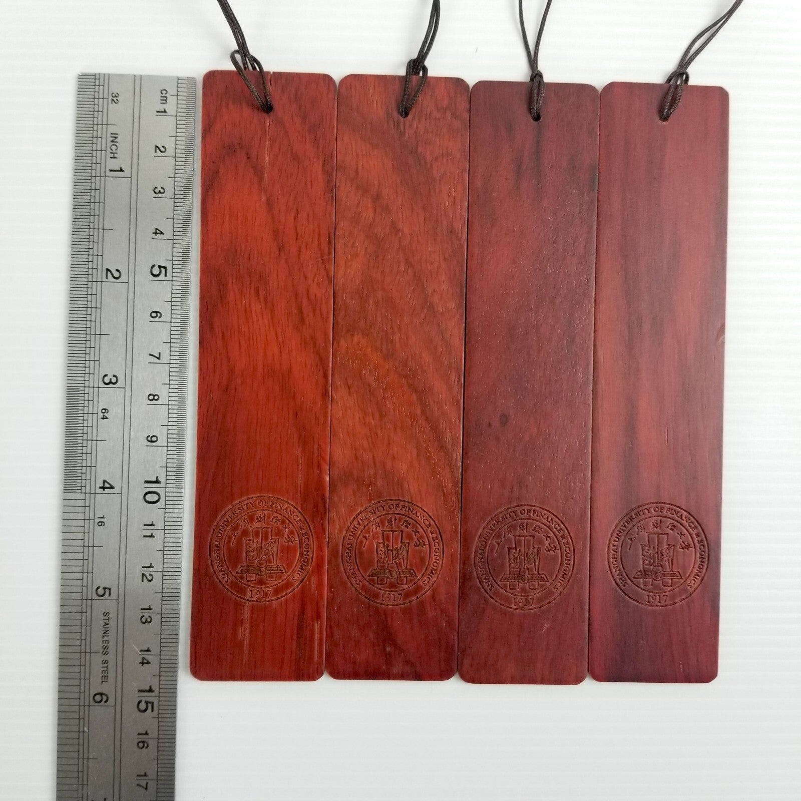 Rare Set of 4 Shanghai University of Finance & Economics Wooden Bookmarks Carved