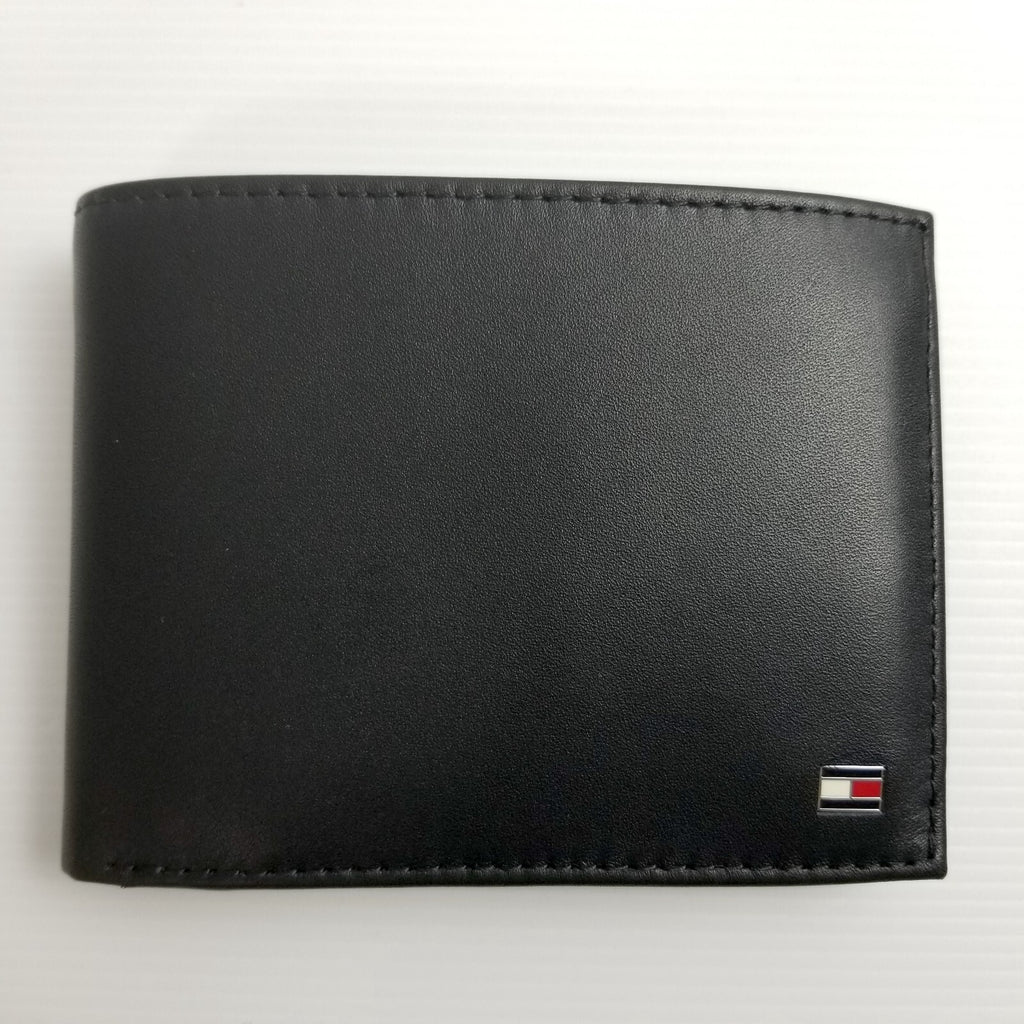 Tommy Hilfiger Men's Designer Premium Leather Bifold Eton Coin Wallet Black, New