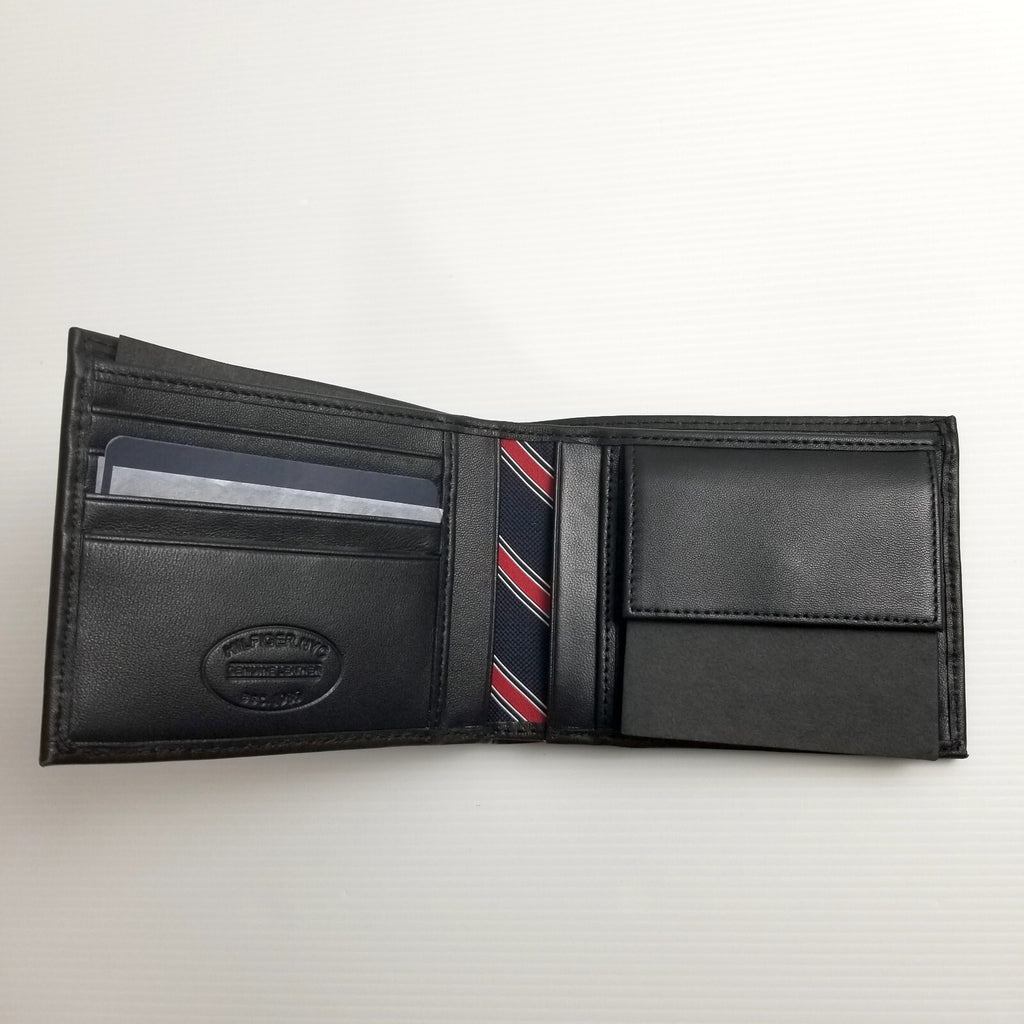 Tommy Hilfiger Men's Designer Premium Leather Bifold Eton Coin Wallet Black, New