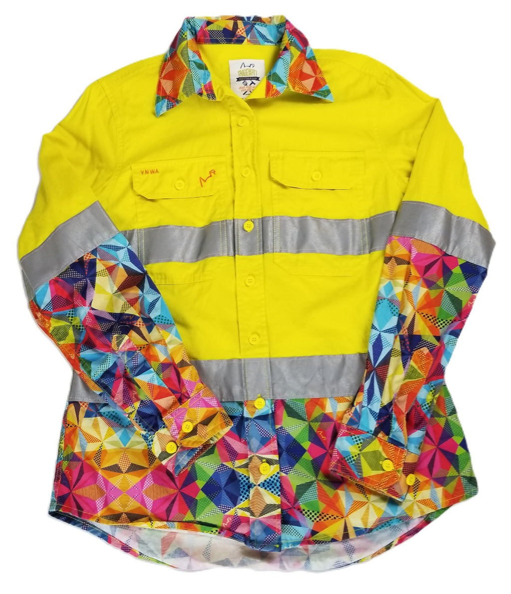 TradeMutt Women’s Fractal Yellow Day/Night Hi Vis Long Sleeve Work Shirt Button