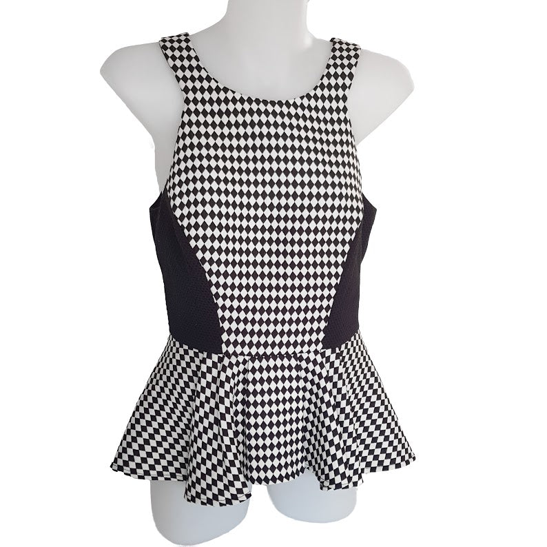 Seduce Top 10 M Blouse Black White Geometric Printed Halter Peplum Work Party