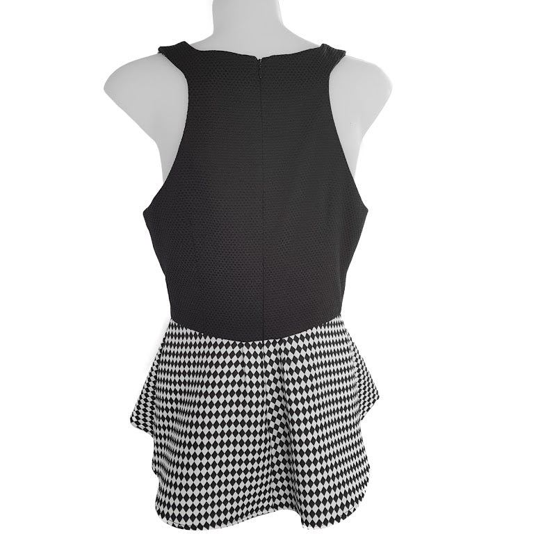 Seduce Top 10 M Blouse Black White Geometric Printed Halter Peplum Work Party